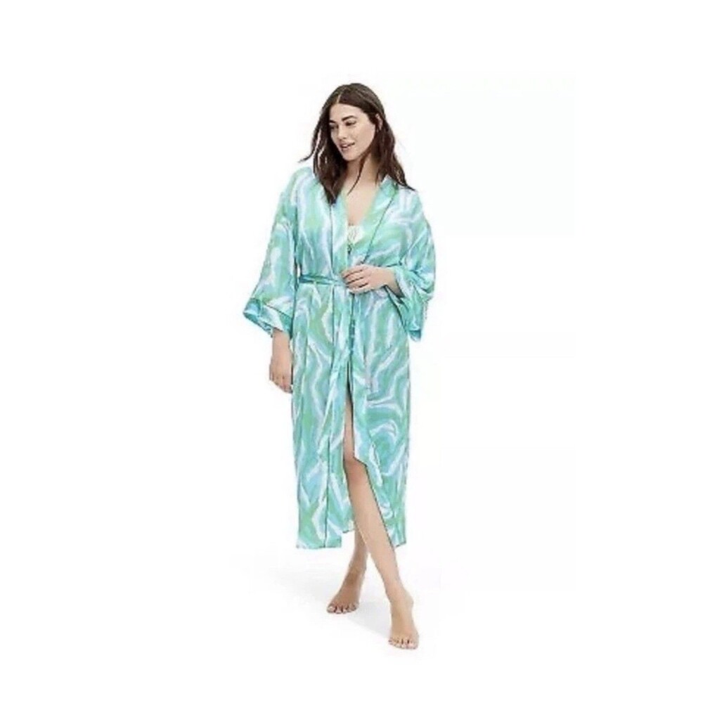 Diane Von Furstenberg DVF Green Blue Intimate Long Satin Disco Robe Size XS